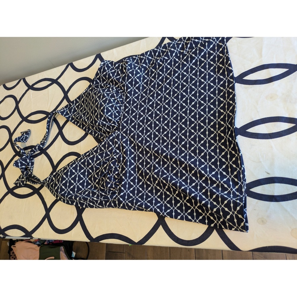 Lands End Navy Blue White Geometric Halter Tankini Swim Top Womens 8